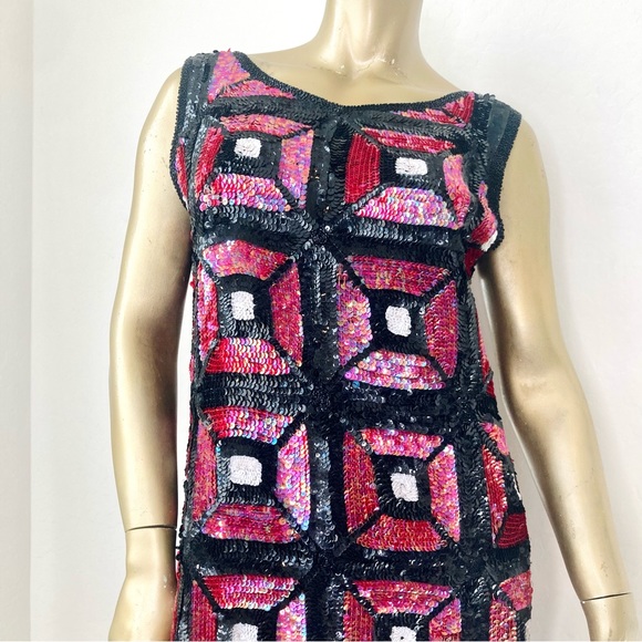 GORGEOUS 100% PURE SILK COLOR-BLOCK MOD/DECO VINTAGE SEQUIN SLEEVELESS DRESS L - Picture 7 of 10